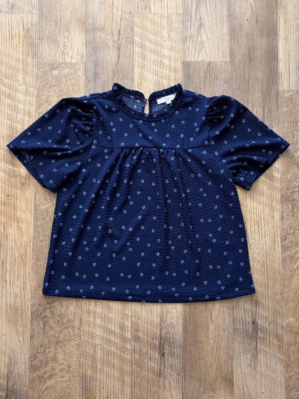LOFT navy blue textured short sleeve with smocked/ruffled collar